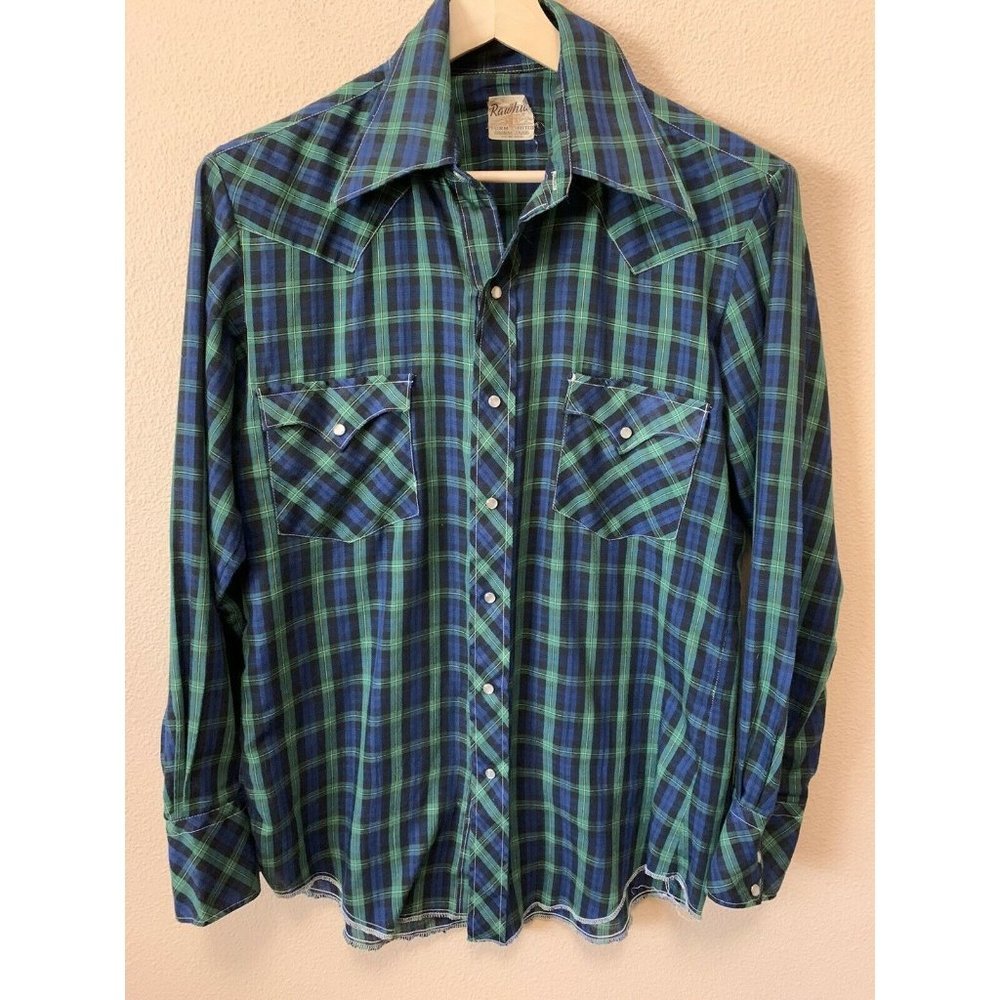 VTG Rawhide Men's Blue Plaid Western Pearl Snap Button Up Shirt Sz L Cow…